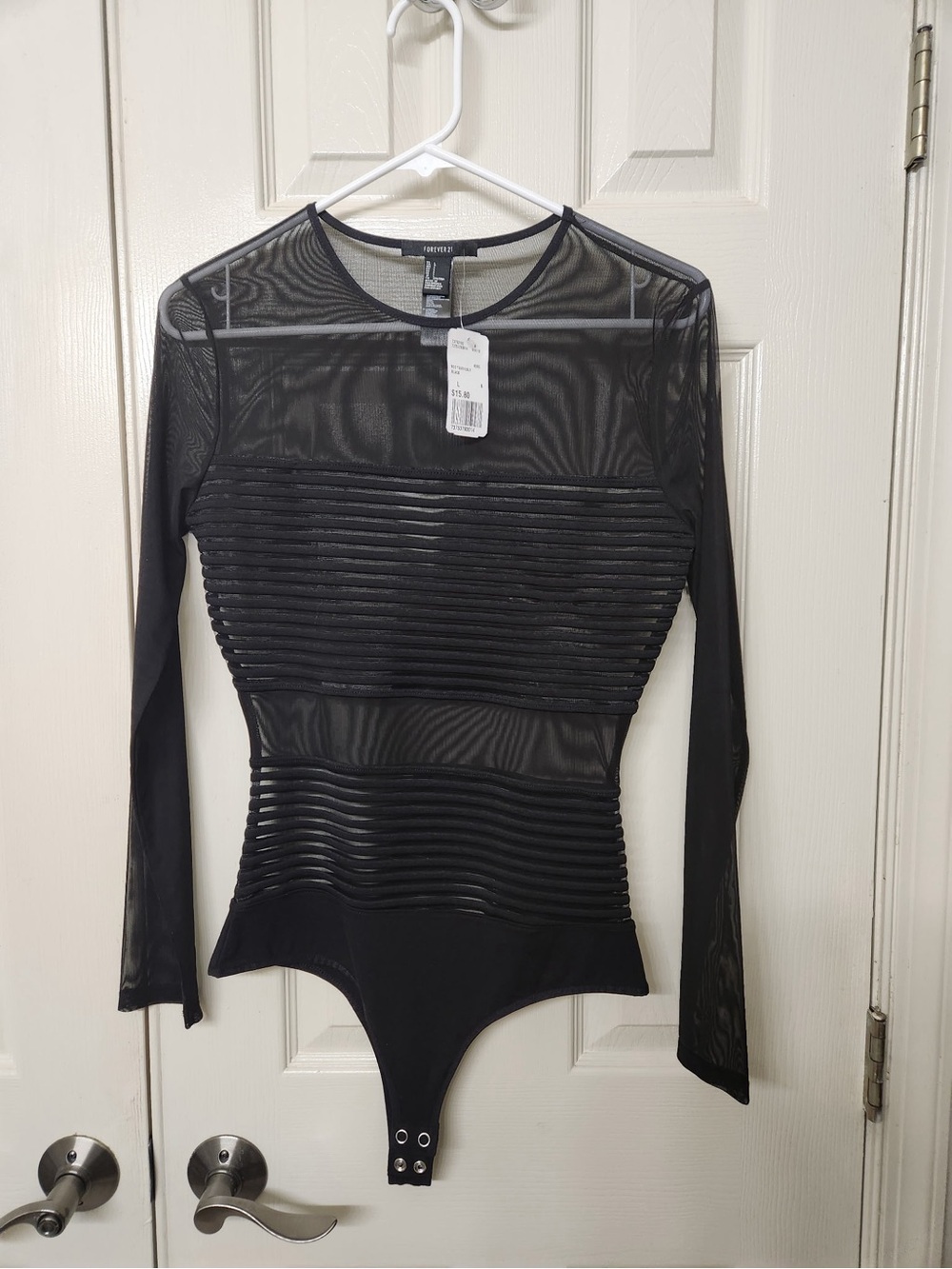 Forever 21 Black Sheer Ribbed Long-Sleeve Bodysuit